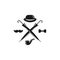 Bowler hat, bow tie, mustache and crossed cane umbrellas. Vintage gentleman club logo