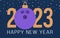 Bowling 2023 Happy New Year. Sports greeting card with violet bowling ball on the flat background. Vector illustration