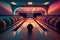 bowling alley, with colorful lanes and balls on display, during sunset