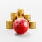 Bowling Ball ahead of Stacks of Coins on Light Gray Background