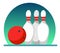 Bowling ball and skittles on a white background, illustration in flat style