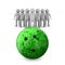 Bowling ball and skittles on white background. Isolated 3D illus