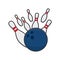 Bowling ball striking skittles isolated vector illustration