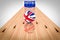 Bowling ball with the United Kingdom flag and bowling pins with the European Community flag