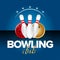 Bowling banner, card template, bowling champ club and leagues symbols. Realistic illustration.