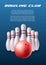 Bowling club banner or poster - skittles and bowl realistic vector illustration.