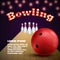 Bowling club poster with red ball and skittles. Vector