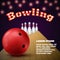 Bowling club poster with red ball and skittles. Vector