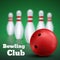 Bowling club poster with red ball and skittles. Vector