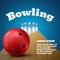 Bowling club poster with red ball and skittles. Vector