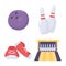 Bowling game ball skittles shoes and alley icons flat design