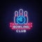 Bowling logo vector. Neon sign, symbol, bright banner advertising bright night bowling, luminous neon billboard. Design