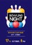 Bowling night original poster for bowling club party. A4 scaled invitation flyer template with sample text, balls and pins