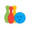 Bowling pins and one ball illustration isolated with clean flat design. Kids toys illustration