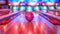 bowling scene, showcasing a glossy red bowling ball in focus on a lane with dynamic lighting, which creates an energetic