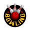 Bowling sign with ball and pins in a round shape. Vector illustration