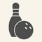 Bowling solid icon. Bowling pin and ball glyph style pictogram on beige background. Sport and recreation signs for