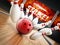 Bowling strike concept with rolling ball and pins. 3D illustration