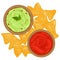 Bowls of avocado guacamole dip, tomato salsa sauce and nachos chips. Top view. Mexican food and tortillas. Vector illustration