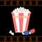 Bowls, box of popcorn with 3d glasses, filmstrip isolated on background. Movies, cinema theater, film concept. Vector flar design