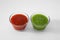 Bowls with delicious salsa sauces on white background