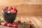 Bowls with delicious watermelon salad on wooden board