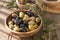 Bowls with different kind of olives : green black kalamata olives with olive oil