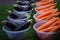 Bowls filled with fresh vegetables of carrots and aubergines