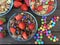 Bowls with Flakes,strawberries,peanuts and colored candy