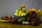 Bowls of fresh fruits on wooden table