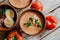 Bowls with gazpacho, parsley, egg, and Iberian ham