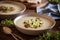 Bowls of homemade organic leek and potato soup