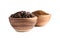 Bowls of instant coffee and beans on white background