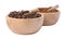 Bowls with instant coffee and roasted beans on white background