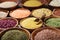 bowls of legumes, lentils, chickpeas, rice and beans