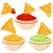 Bowls of Mexican avocado guacamole dip, tomato salsa, cheese sauce and tortilla nachos chips. Vector illustration