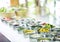 Bowls of mixed fresh organic vegetables in salad bar display