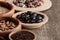 Bowls and plates with black beans