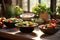 Bowls of salad in sunlight next to window. Healthy eating concept