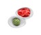 Bowls with swirl of wasabi paste and pickled ginger on white background, top view