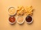 Bowls with tasty french fries and sauces on color background, top view. Made with Generative AI
