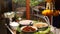 Bowls with traditional Asian sauces. Bowls with various traditional oriental sauces placed on stall in street food court in