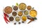 Bowls with various spices on white background