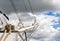 Bowsprit and rope coiled up of the sailing ship.