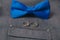 Bowtie and rings on textile grey suit textile tweed background