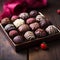 Box of assorted chocolates on a wooden table, closeup view