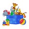 Box of Baby Toys, Stick Horse, Giraffe, Monkey, Train Cute Objects for Kids Development and Entertainment Cartoon Vector