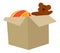 Box with children toy, plush bear and balloon ball