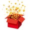 Box With Coins Exploision, Blast. Open Red Gift Box and Confetti. Win, lottery, quiz. Vector Illustration. Isolated