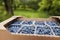 Box or crate with collected fresh blueberries. Berries agriculture business